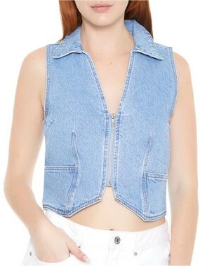 Light Wash Denim Zip-Front Cropped Vest